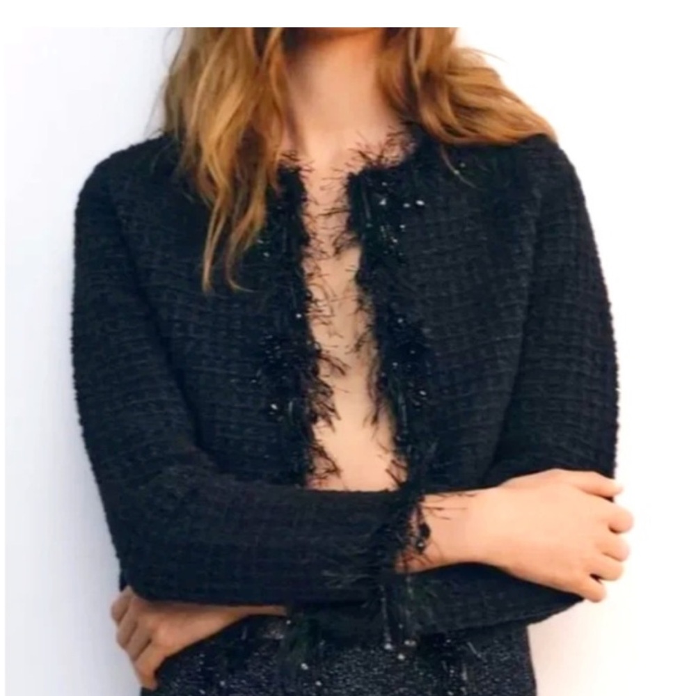 Zara Frayed Beaded Knit Cardigan
